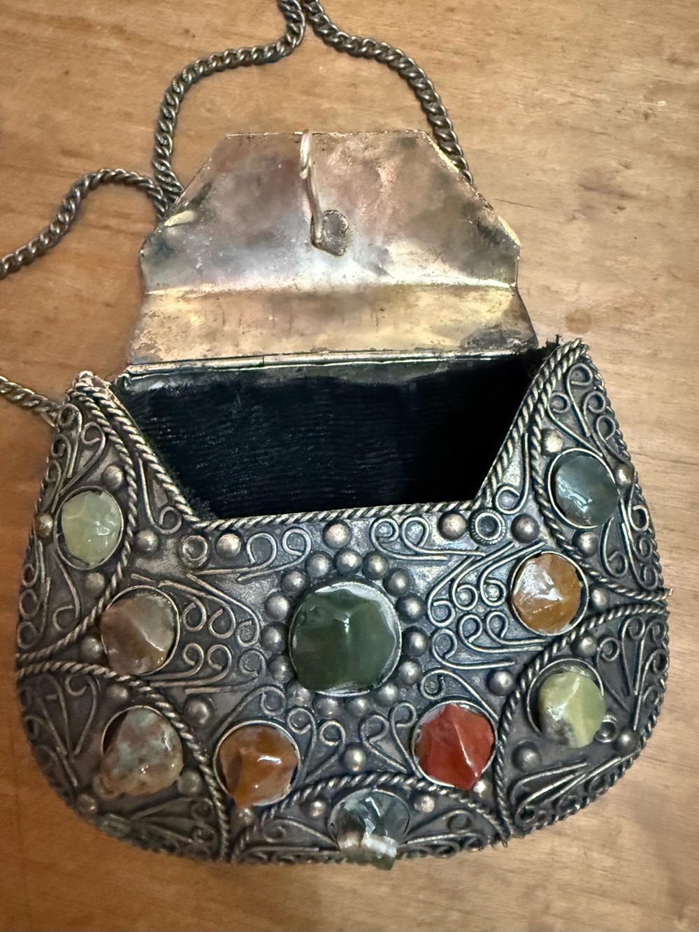 Vintage Indian Artisan Gemstone Metal Box Purse Filigree Crossbody Sajai - Picture 13 of 16